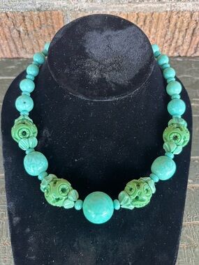 VTG Art Deco Louis Rousselet Galalith Necklace Turquoise Carved Made In France
